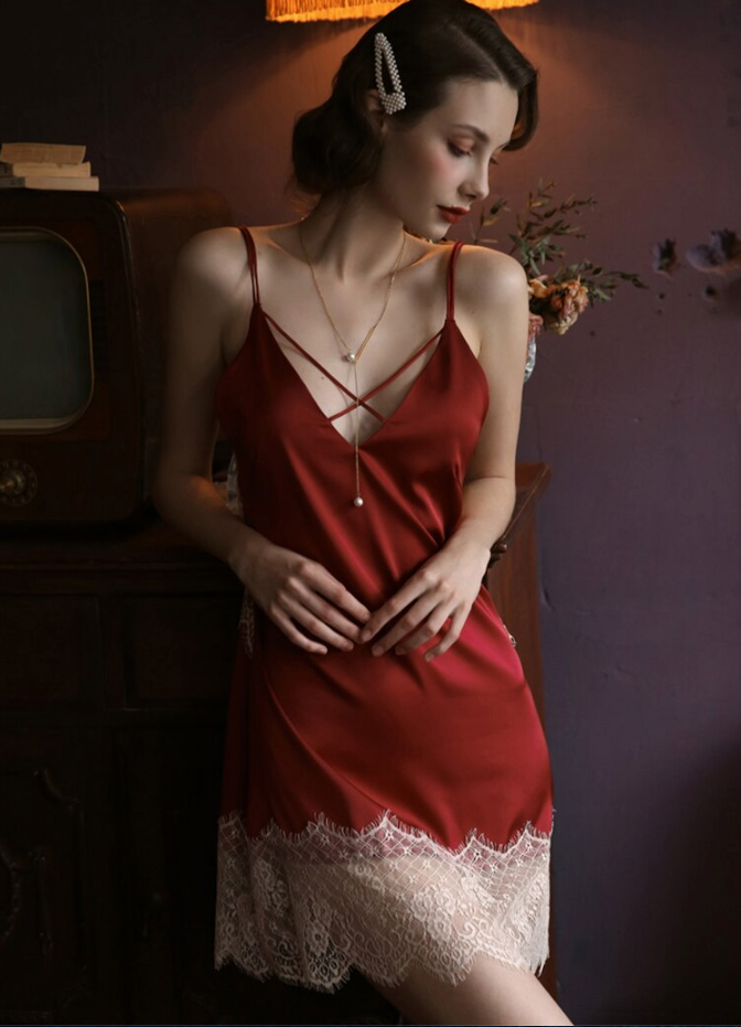 Satin & Backless Lace Sling Nightgown